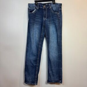 True Luck Jeans Mens 32x30 Straight‎ Leg Dark Wash White Stitching Grunge Rugged